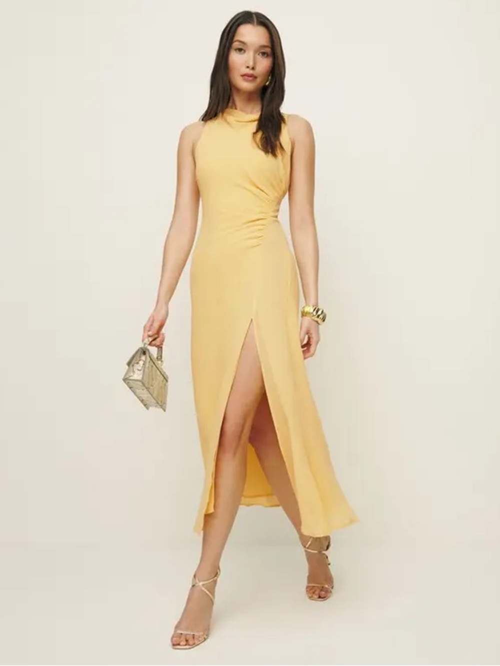 Reformation Yellow Sleeveless Midi Dress with Front Slit